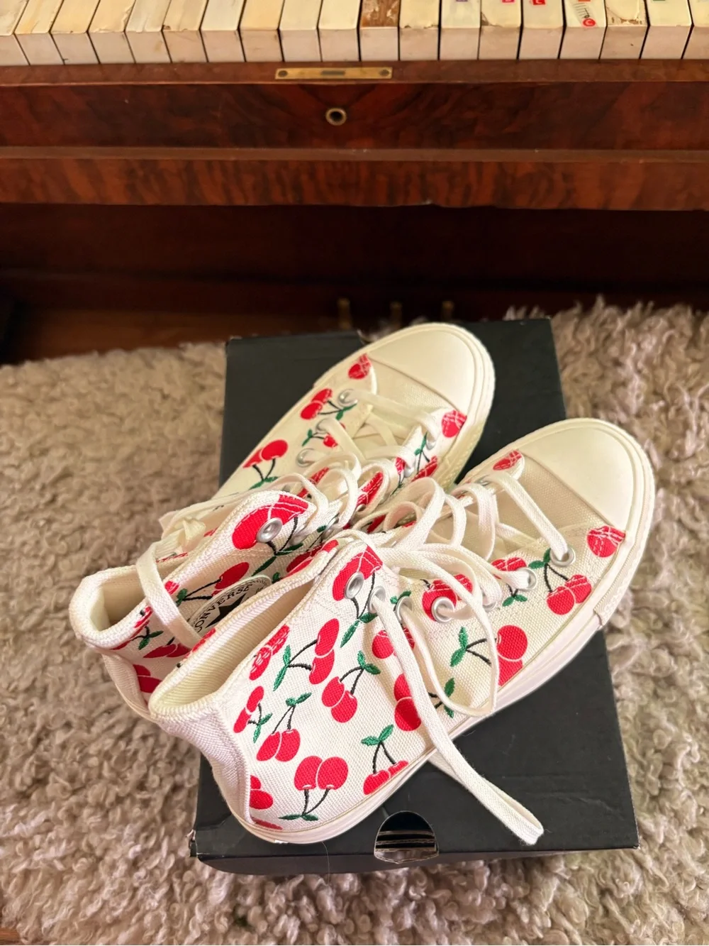 Converse Kids High Top Sneakers in White with Red Cherry Print